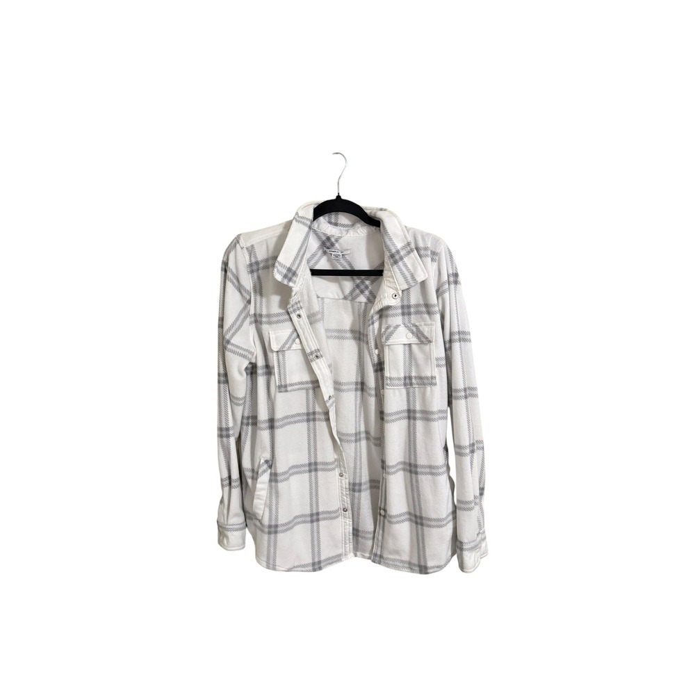 O'Neill Womens White Grey Plaid Fleece Shacket Button Down Shirt Jacket Large
